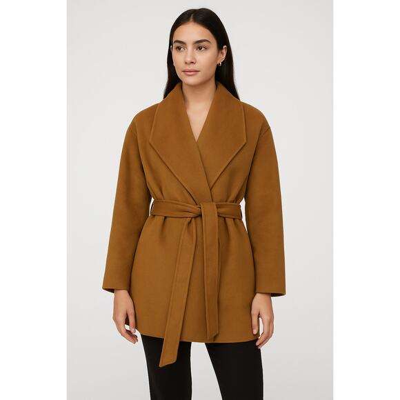 Goelia “Coffee Brown” Wrap Coat L 100% Wool Shell with Silk-Wool Texture, Belted - Picture 1 of 10